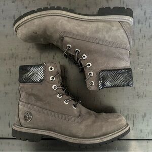 Timberland Women’s Dark Gray Ankle Combat Boots with Snakeskin Detail